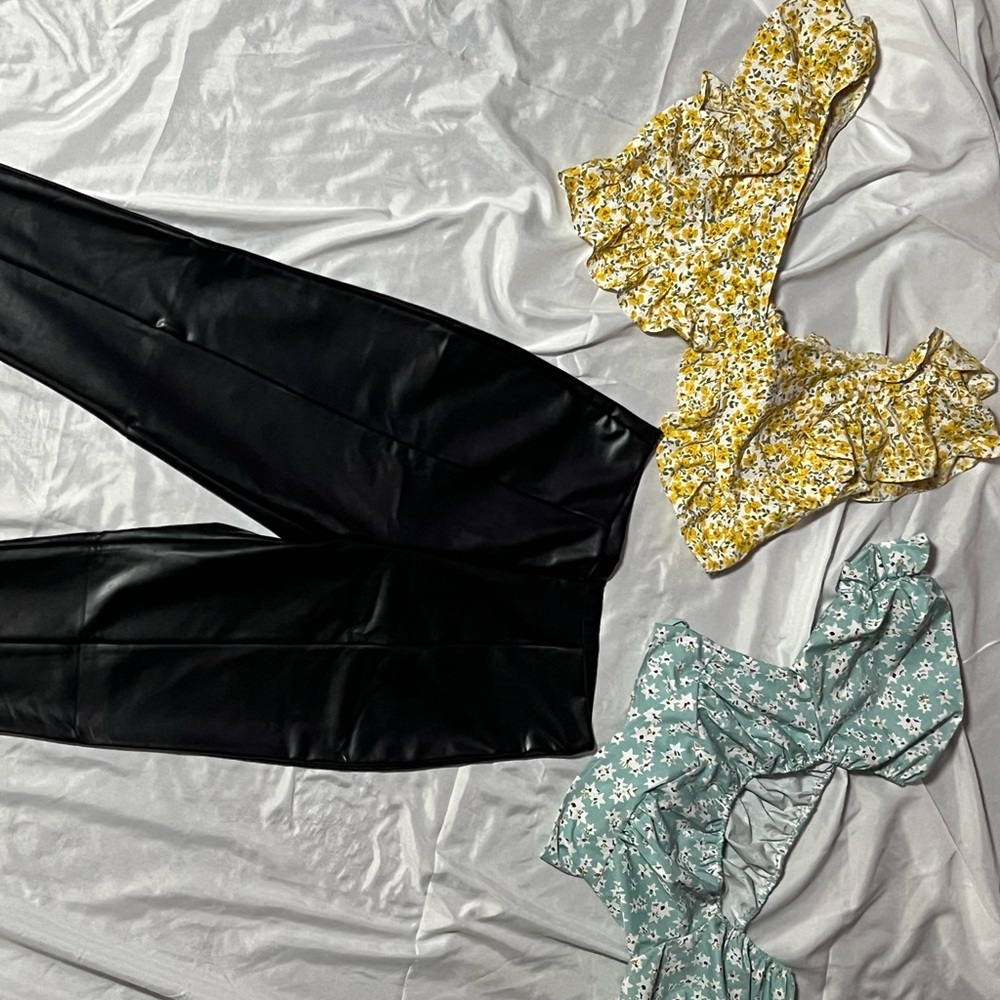 SHEIN 3 piece Bundle: Pleather Front Zip Leggings and 2 Rear Tie Crop Tops
